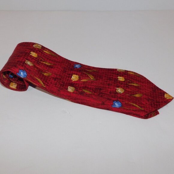 Paulo Visari Mens 100% Silk Neck Tie Made in Italy Red Floral Tulips - Picture 3 of 5